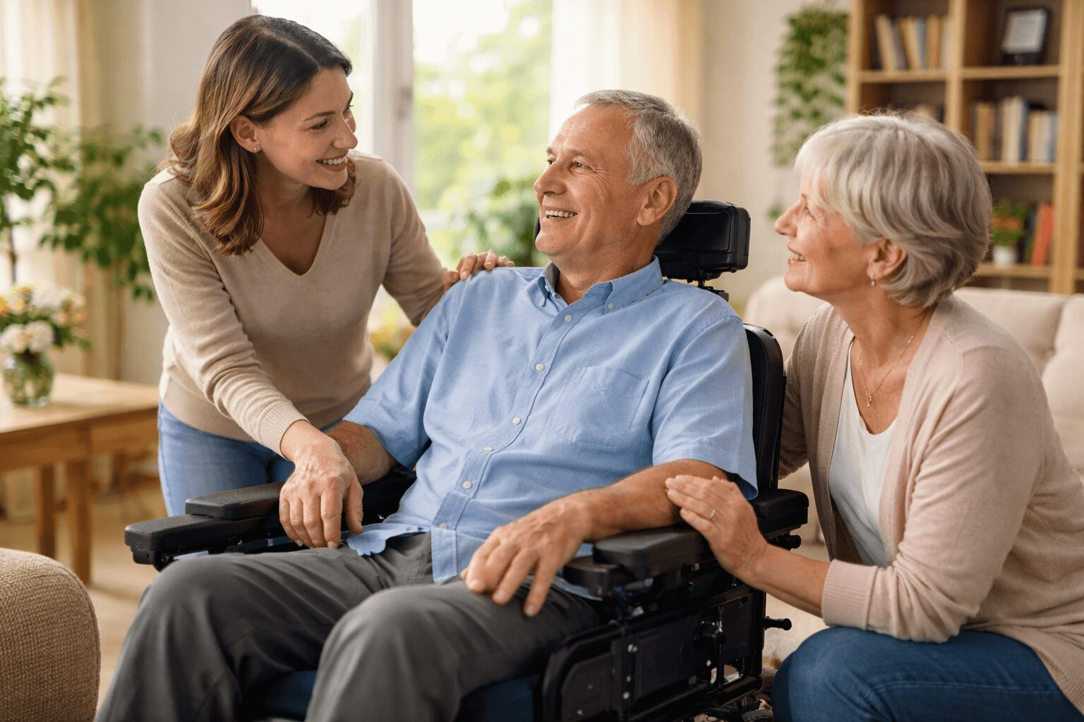 Personne atteinte de la SLA en fauteuil roulant électrique à domicile, entourée de ses proches