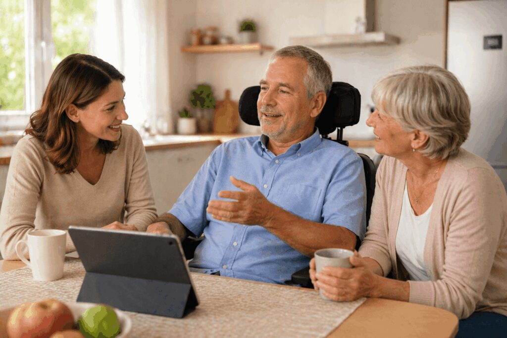 Personne atteinte de SLA utilisant TD Talk pour anticiper la communication avec ses proches autour d’une table