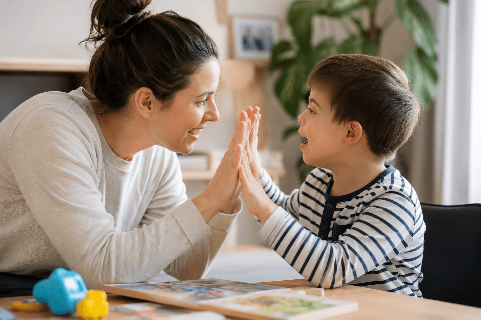 Un enfant et communicateur émergent pendant un moment d'échange et de complicité avec sa maman