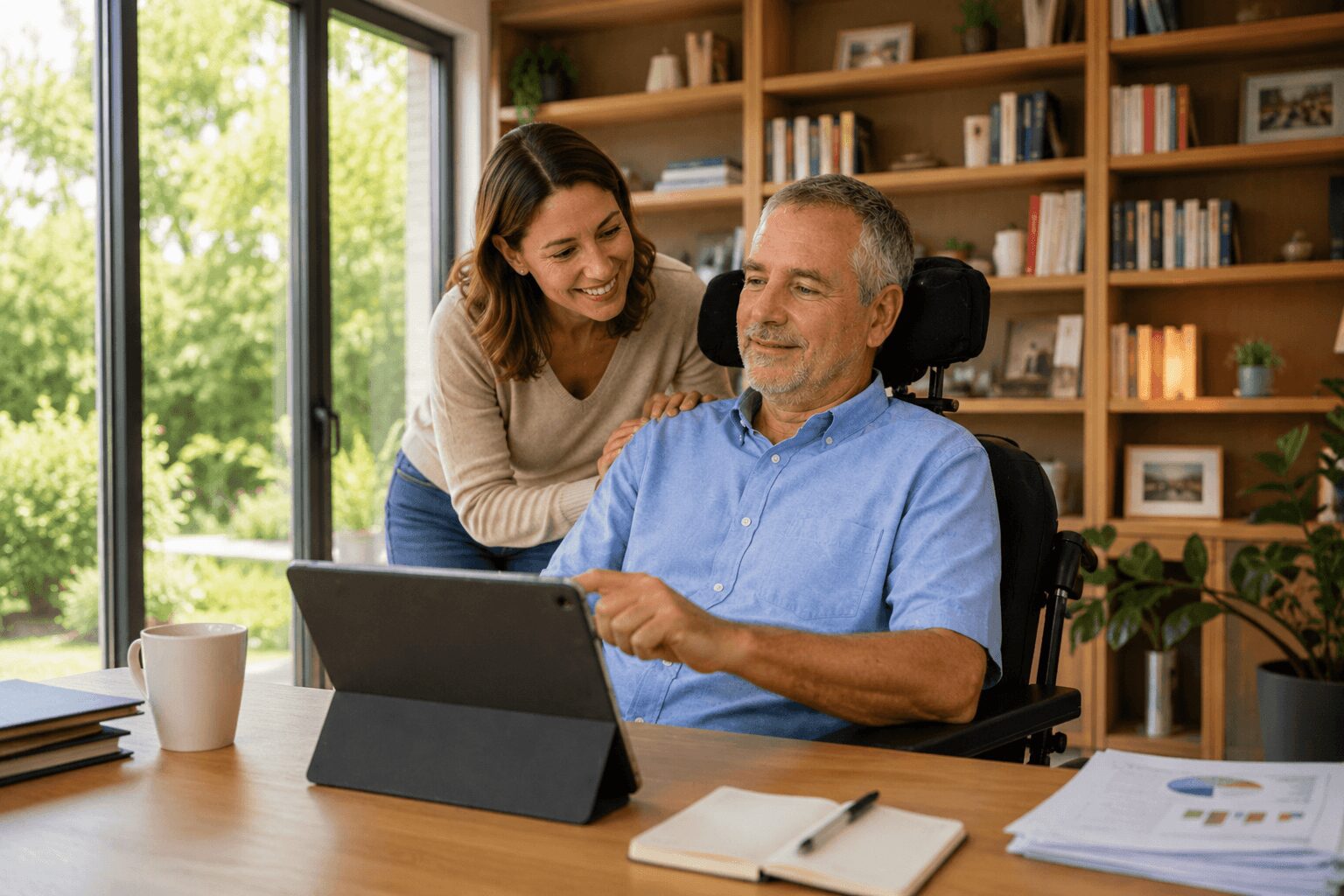 Personne atteinte de SLA (maladie de Charcot) en train de faire des démarches MDPH depuis sa tablette, et entouré d'une proche